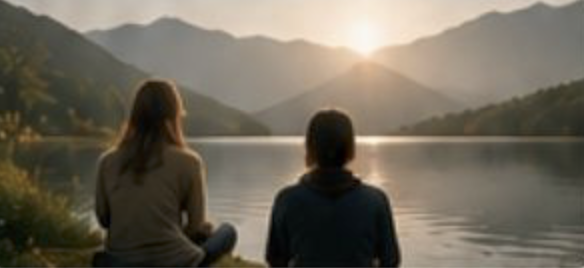 Two people sitting by a lake at sunset