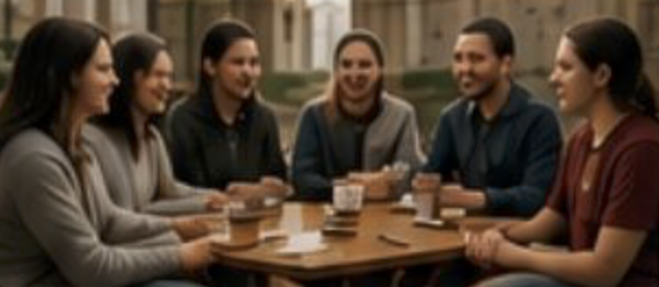 A group of young adults gathered around a table talking