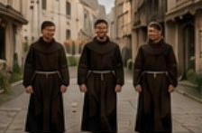Three friars standing together outside